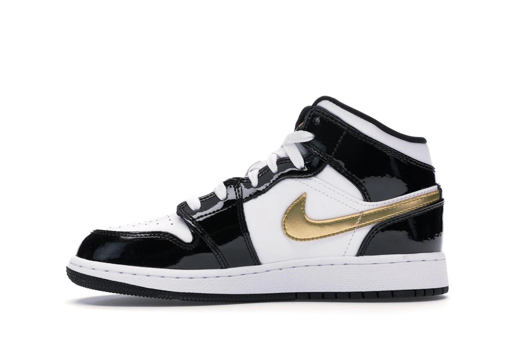 Jordan 1 Mid Patent Black White Gold (GS)